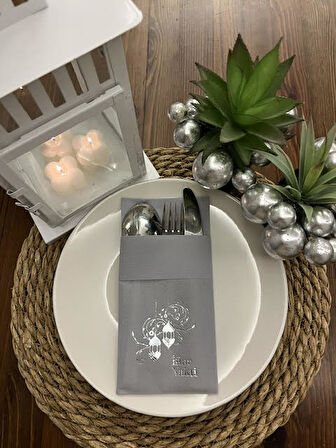 Gümüş Yaldızlı Kumaş Dokulu İftar Vakti Gri Cepli Peçete 6 lı