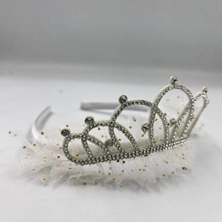 Prenses Tüllü Taşlı Taç Beyaz