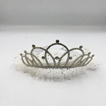 Prenses Tüllü Taşlı Taç Beyaz