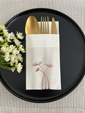 Rose Gold Yaldızlı Beyaz Cepli Havuç Çiçeği Kumaş Dokulu Air Laid Kanguru Peçete 6 Adet