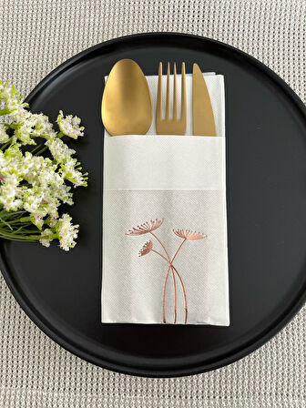 Rose Gold Yaldızlı Beyaz Cepli Havuç Çiçeği Peçete 12 Adet