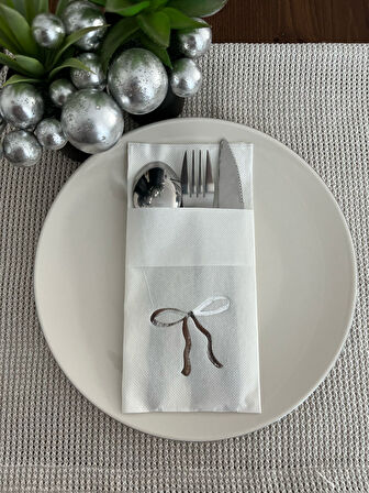 Gümüş Yaldızlı Beyaz Cepli Fiyonk Peçete 12 Adet