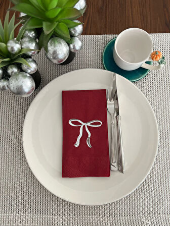 Gümüş Yaldızlı Bordo Fiyonk Baskılı Garson Katlama Peçete 16 lı