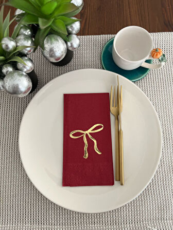 Gold Yaldızlı Bordo Fiyonk Baskılı Garson Katlama Peçete 16 Adet