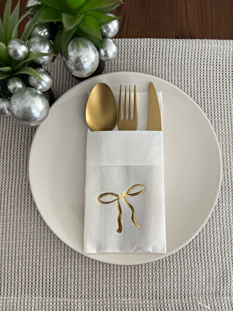 Gold Yaldızlı Beyaz Cepli Fiyonk Peçete 12 Adet