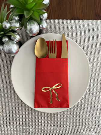 Gold Yaldızlı Kırmızı Cepli Fiyonk Peçete 12 Adet