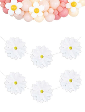 Papatya Ponpon Temalı Kağıt Beyaz Banner 6 Parça