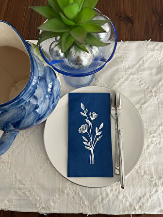 Gümüş Yaldızlı Lacivert Gelincik Çiçeği Baskılı Garson Katlama Peçete 16 lı