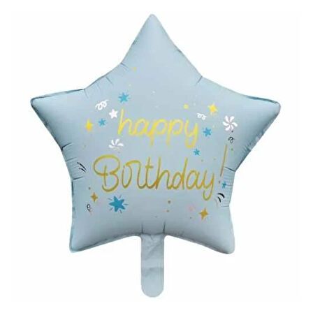Retro Mavi Happy Bırthday Baskılı Yıldız Folyo Balon 18 inç