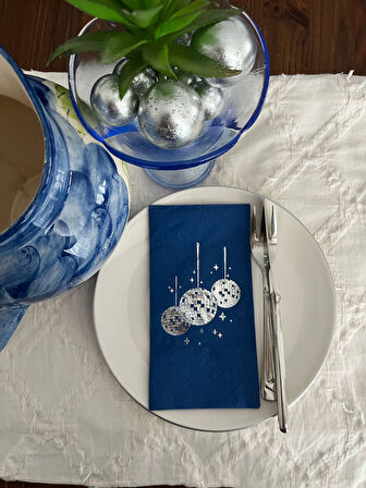 Gümüş Yaldızlı Lacivert Bodrum Mavisi Disco Topu Garson Katlama Peçete 16 lı