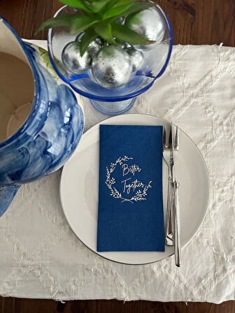 Gümüş Yaldızlı Bodrum Mavisi Better Together Peçete 16 Adet