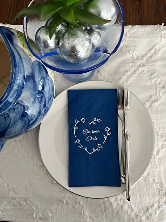 Gümüş Yaldızlı Bodrum Mavisi Bir Ömür El Ele Peçete 16 Adet