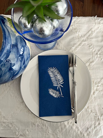 Gümüş Yaldızlı Bodrum Mavisi Palmiye Peçete 16 Adet