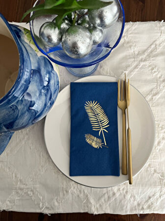 Gold Yaldızlı Bodrum Mavisi Palmiye Peçete 16 Adet