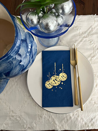 Gold Yaldızlı Bodrum Mavisi Disco Topu Garson Katlama Peçete 16 lı