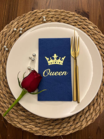 Gold Yaldızlı Bodrum Mavisi Queen Taç Detaylı Peçete 16 Adet