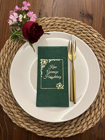 Gold Yaldızlı Yeşil Çerçeve Detaylı Kına Gecemize Hoşgeldiniz Peçete 16 Adet