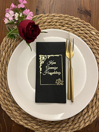 Gold Yaldızlı Siyah Çerçeve Detaylı Kına Gecemize Hoşgeldiniz Peçete 16 Adet