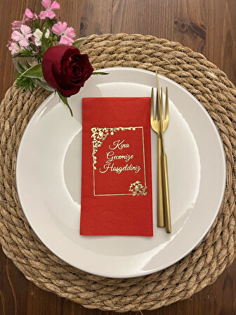 Gold Yaldızlı Kırmızı Çerçeve Detaylı Kına Gecemize Hoşgeldiniz Peçete 16 Adet