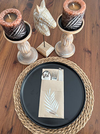 Gümüş Yaldızlı Kraft Yaprak Cepli Kanguru Peçete 12 Adet