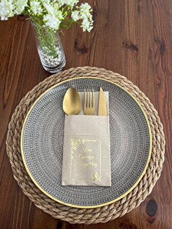 Gold Yaldızlı Kraft Çerçeve Detaylı Kına Gecemize Hoşgeldiniz Cepli Kanguru Peçete 12 Adet