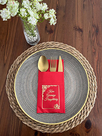 Gold Yaldızlı Kırmızı Çerçeve Detaylı Kına Gecemize Hoşgeldiniz Cepli Kanguru Peçete 12 Adet