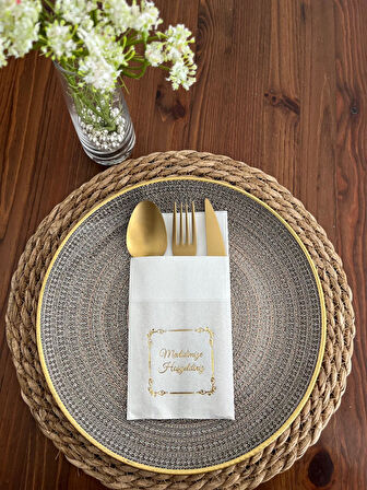 Gold Yaldızlı Beyaz Çerçeve Detaylı Mevlidimize Hoşgeldiniz Cepli Kanguru Peçete 12 Adet