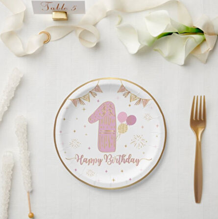 1 Yaş  Gold Yaldızlı Pembe Karton Tabak 23 cm 6 Adet