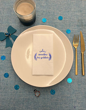 Mavi Yaldızlı Beyaz Sünnetime Hoşgeldiniz Baskılı Garson Katlama Peçete 16 Adet