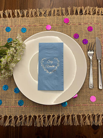 Gümüş Yaldızlı Mavi Söz Verdik Kalp Çelenk Peçete 16 Adet