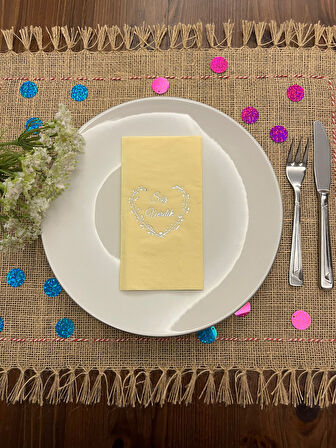 Gümüş Yaldızlı Sarı Söz Verdik Kalp Çelenk Peçete 16 Adet