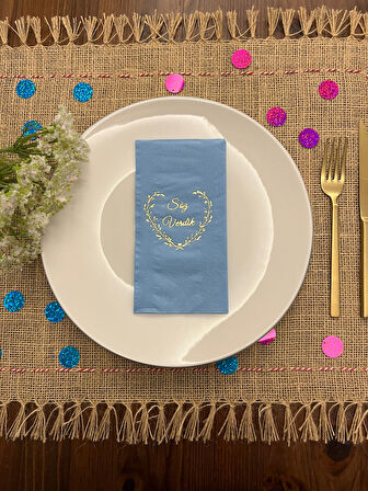 Gold Yaldızlı Mavi Söz Verdik Kalp Çelenk Peçete 16 Adet