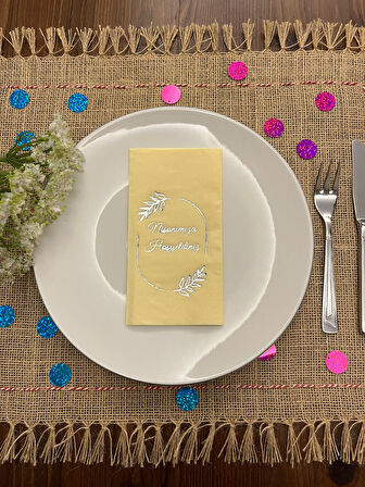 Gümüş Yaldızlı Sarı Çerçeveli Nişanımıza Hoşgeldiniz Peçete 16 Adet