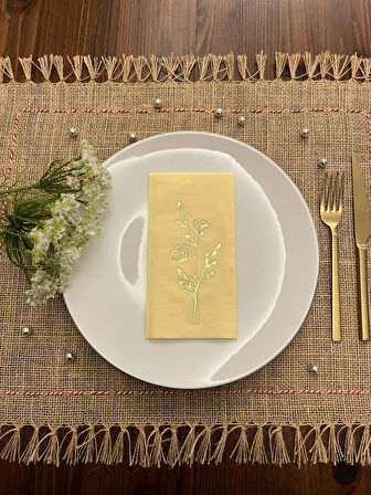 Gold Yaldızlı Sarı Gelincik Çiçeği Baskılı Garson Katlama Peçete 16 Adet