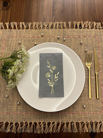 Gold Yaldızlı Gri Gelincik Çiçeği Baskılı Garson Katlama Peçete 16 Adet