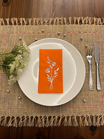 Gümüş Yaldızlı Turuncu Gelincik Çiçeği Baskılı Garson Katlama Peçete 16 Adet