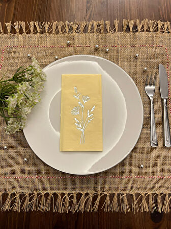 Gümüş Yaldızlı Sarı Gelincik Çiçeği Baskılı Garson Katlama Peçete 16 Adet