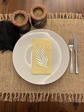 Gümüş Yaldızlı Sarı Yaprak Desenli Peçete 16 Adet