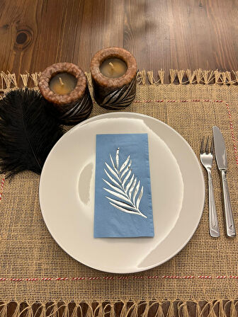 Gümüş Yaldızlı Mavi Yaprak Desenli Peçete 16 Adet