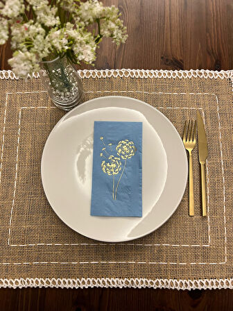 Gold Yaldızlı Mavi Hindiba Çiçeği Baskılı Garson Katlama Peçete 16 Adet