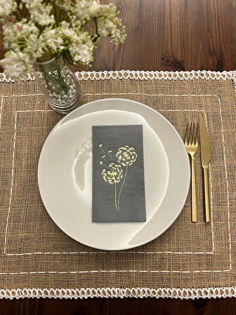 Gold Yaldızlı Gri Hindiba Çiçeği Baskılı Garson Katlama Peçete 16 Adet