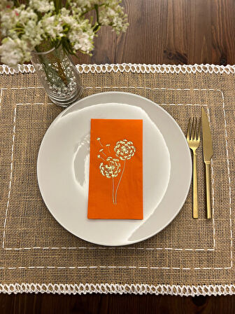 Gold Yaldızlı Turuncu Hindiba Çiçeği Baskılı Garson Katlama Peçete 16 Adet