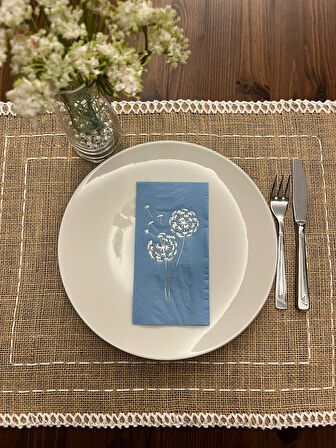 Gümüş Yaldızlı Mavi Hindiba Çiçeği Baskılı Garson Katlama Peçete 16 Adet