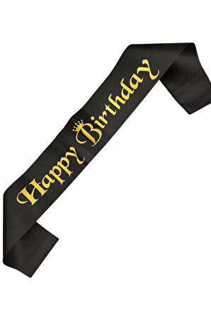 Happy Bırthday Gold Yazılı Siyah Saten Kuşak