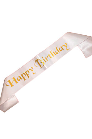 Happy Bırthday Gold Yazılı Beyaz Saten Kuşak
