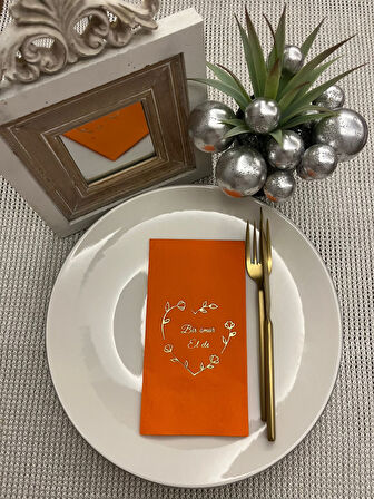 Gold Yaldızlı Turuncu Bir Ömür El Ele Peçete 16 Adet