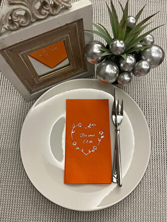 Gümüş Yaldızlı Turuncu Bir Ömür El Ele Peçete 16 Adet