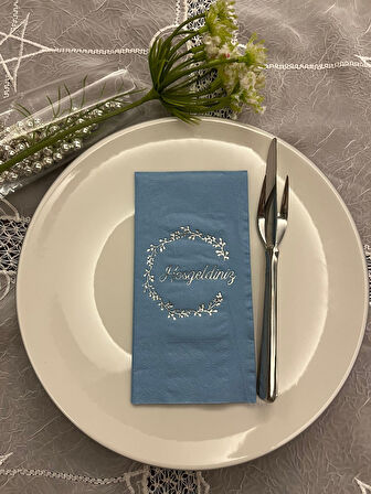 Gümüş Yaldızlı Mavi Hoşgeldiniz Garson Peçete 16 Adet