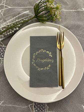 Gold Yaldızlı Gri Hoşgeldiniz Garson Peçete 16 Adet