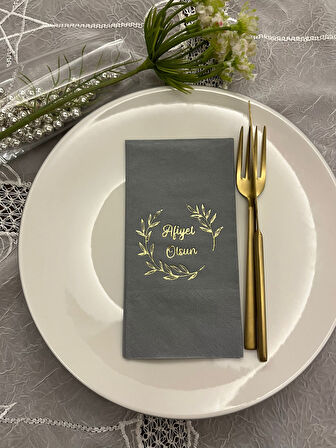 Gold Yaldızlı Gri Afiyet Olsun Çiçekli Çelenk Garson Peçete 16 Adet